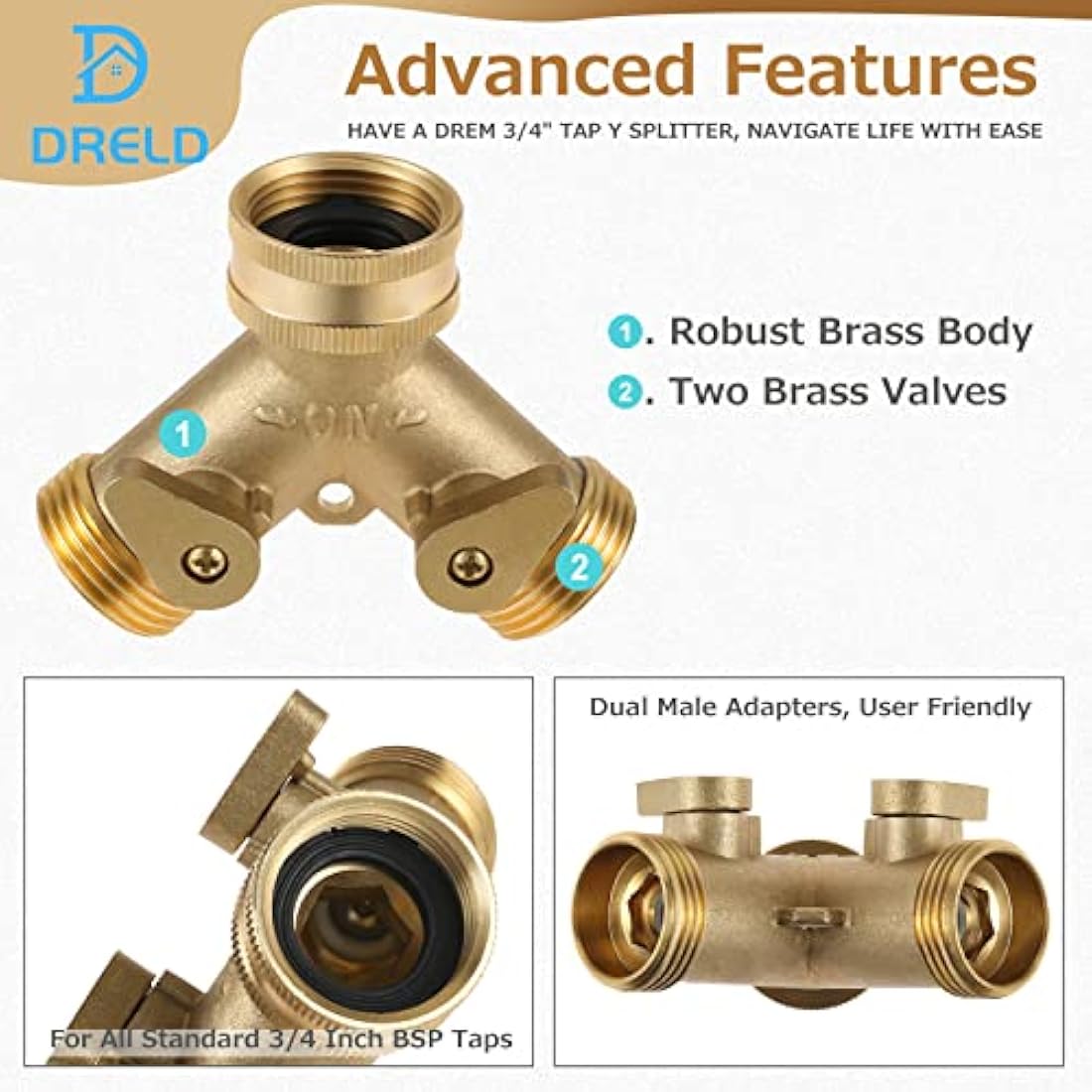 DRELD 3/4" Tap Y Splitter, Brass Tap Manifold 2 Way Garden Hose Connector Adapter with Valves and Rubbers for Outdoor, Garden, Courtyard, Lawn, Kitchen, Bathroom Standard Faucet (3/4 Y Tap)
