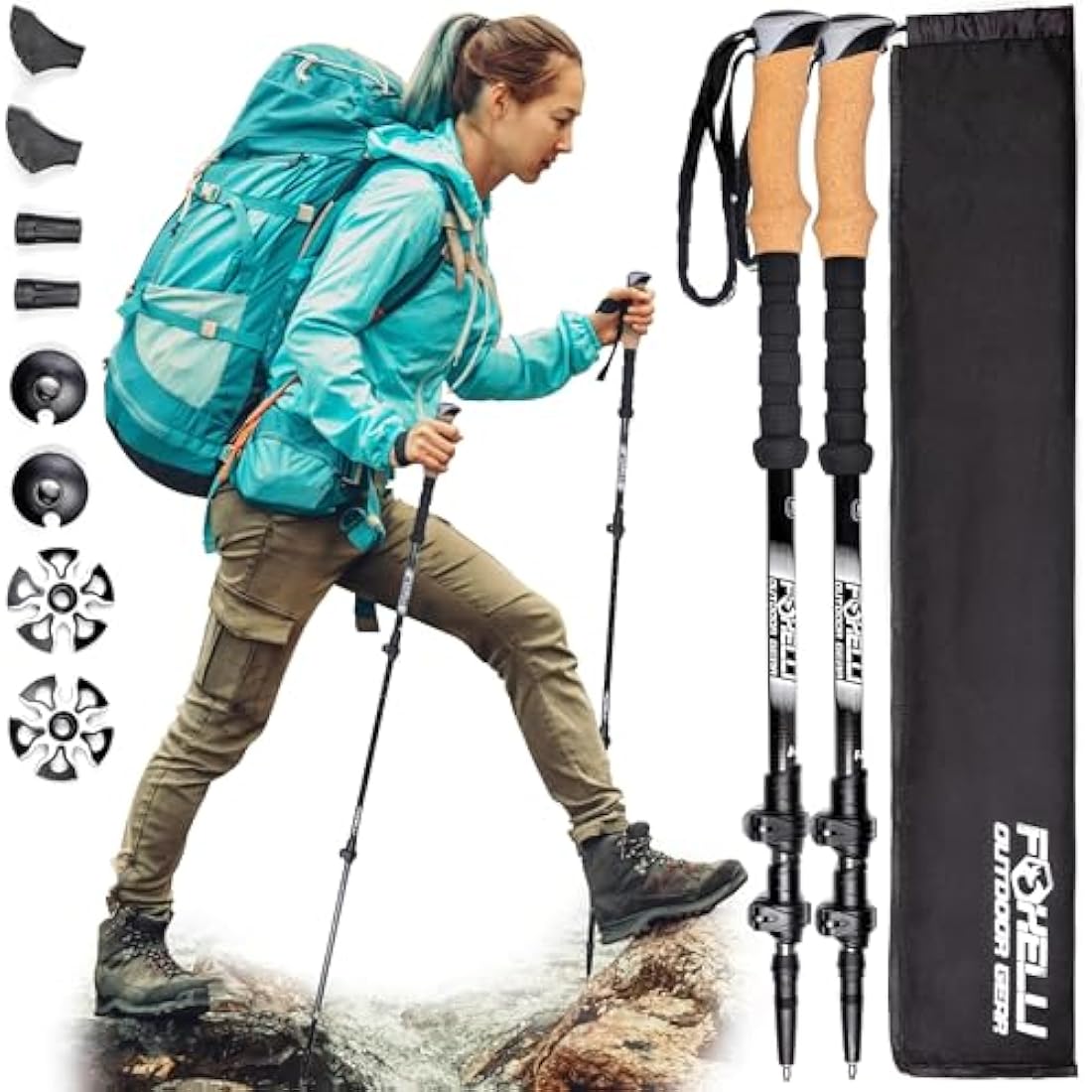 Foxelli Carbon Fiber Walking Poles – Collapsible, Lightweight, Shock-Absorbent Hiking Trekking Poles with Natural Cork Grips, Flip Locks, 4 Season/All Terrain Accessories & Carry Bag