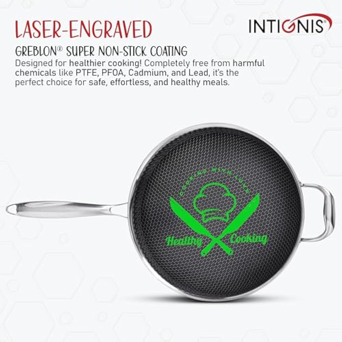 INTIGNIS® 28cm Stainless Steel Wok with Lid | 5L Heavy-Duty Non-Stick Wok Pan | Induction, Oven Safe | Dishwasher Safe | Anti Scratch | Large Frying Pan with Lid for All Hobs