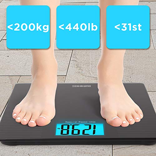 Duronic Body Scales BS203 Measures Body Weight in Kilograms, Pounds and Stones | Black Non-Slip Design Step-On Activation Bathroom Scales Precision Sensors XL Digital Display 200kg Capacity (Black)