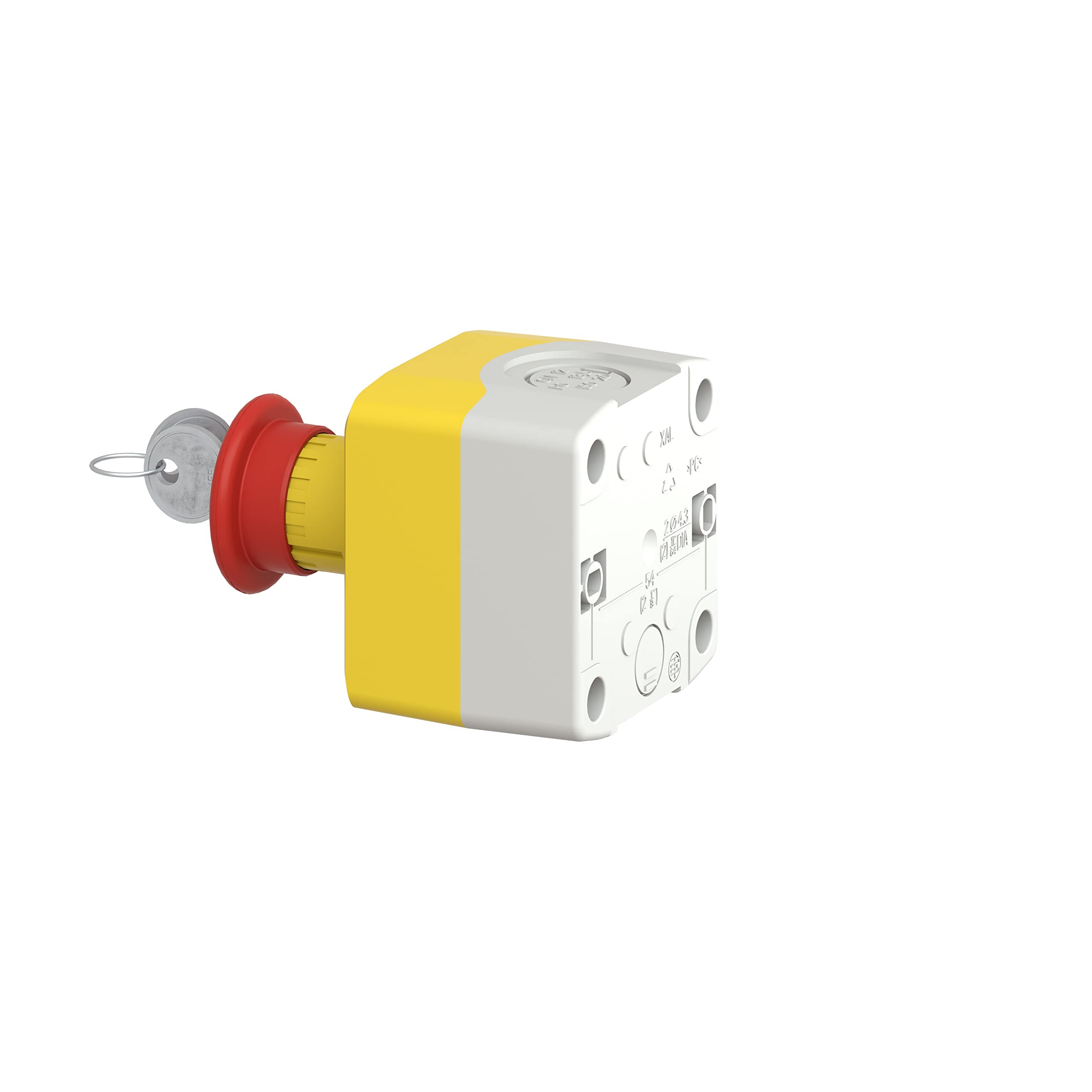 Schneider Electric Control station, plastic, yellow lid, 1 red mushroom push button Ø40, key release, 1 NO + 2 NC