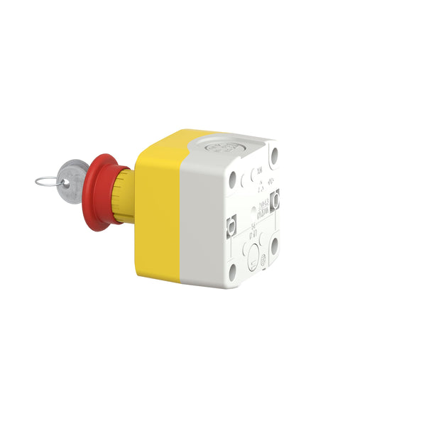 Schneider Electric Control station, plastic, yellow lid, 1 red mushroom push button Ø40, key release, 1 NO + 2 NC
