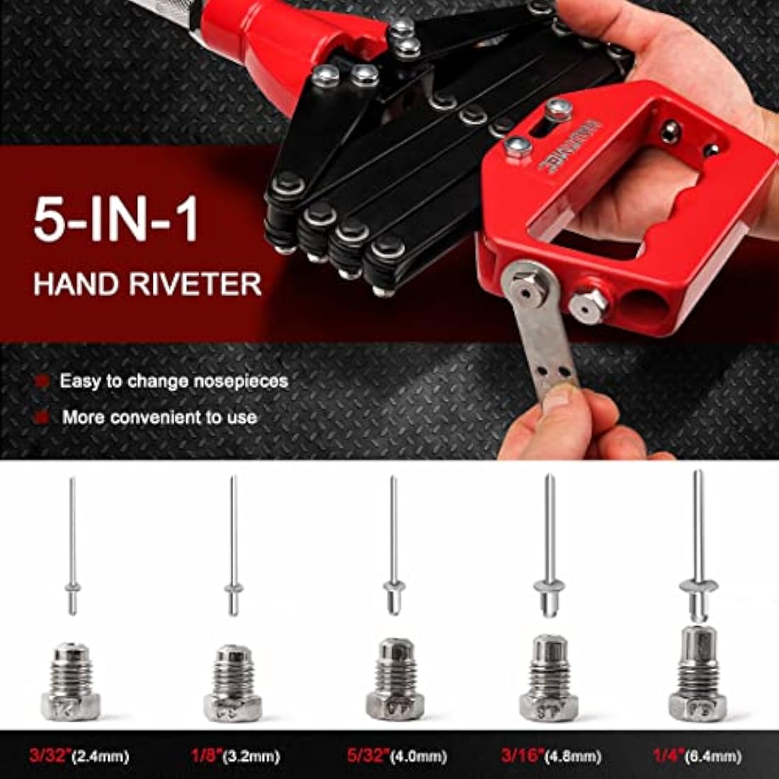 HAUTMEC 5-in-1 Rivet Gun 12" Expert Heavy-Duty Lazy Tong Pop Riveter with Portable Wrench, Single Pull Action Riveter, Fast Riveting HT0130-UK