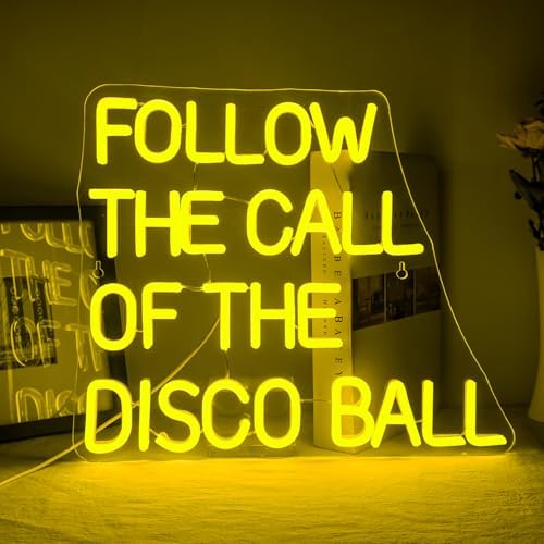 ineonlife Follow the Call of the Disco Ball Neon Sign for Wall Decor Dimmable Led Neon Lights 5V/2A USB Lemon Yellow Light Up Sign for Bedroom Party Birthday Wedding Engagement Party Bar Club