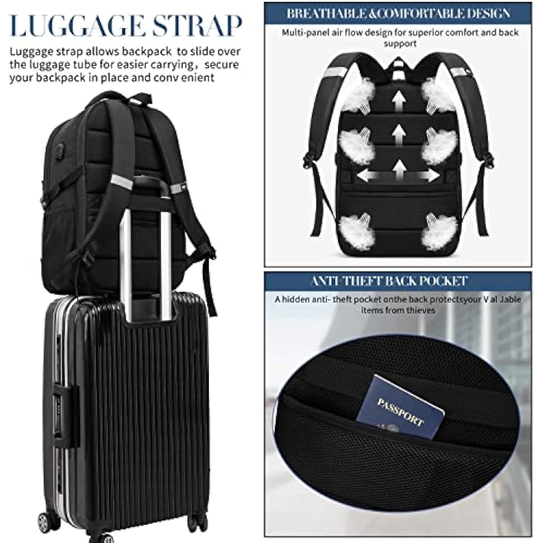 Extra Large Backpack 55L,18.4 Inch Travel Laptop Work Bag with USB Charging Port Big Business Flight Approved TSA Heavy Duty Computer Rucksack for Men Women College School,Black