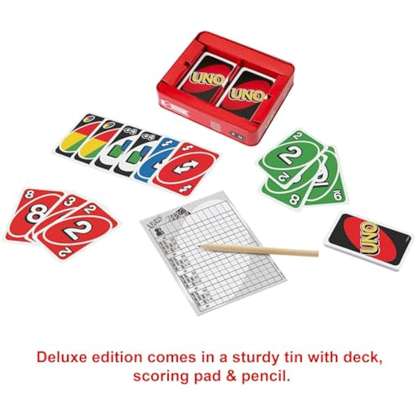 Mattel Games UNO Deluxe, Classic Card Game for Kids and Adults for Family Game Night, Use as a Travel Game or Engaging Gift for Kids, 2 to 10 Players, Ages 7 and Up, K0888