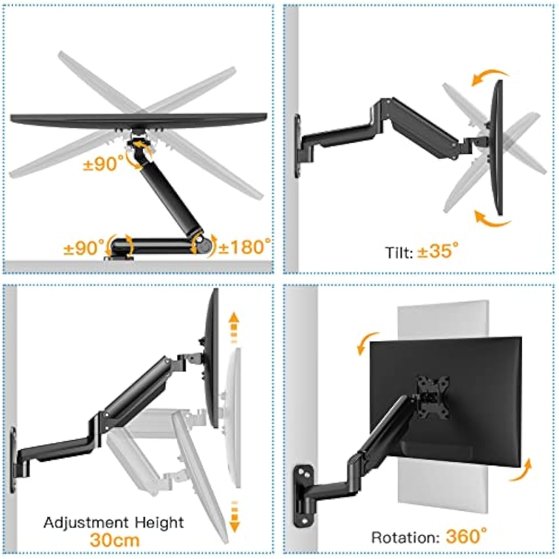 HUANUO 17-32 Inch Monitor Wall Mount Bracket for Computer TV Screens Adjustable Gas Spring Single Monitor Arm Support 8 kg VESA 75x75 mm, 100x100 mm