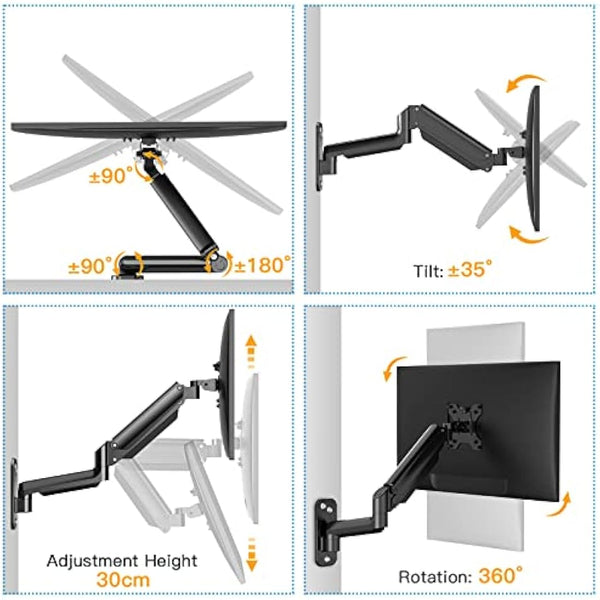 HUANUO 17-32 Inch Monitor Wall Mount Bracket for Computer TV Screens Adjustable Gas Spring Single Monitor Arm Support 8 kg VESA 75x75 mm, 100x100 mm