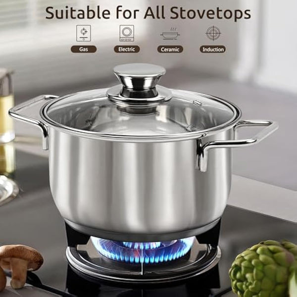 14-Piece Stainless Steel Pots and Pans Set, Induction Saucepan Set, Saucepan with Steamer & Glass Lids & Utensil Set, Bread Clip, Egg Beaters, Hot Pads, Spatulas, Suitable for All Stoves