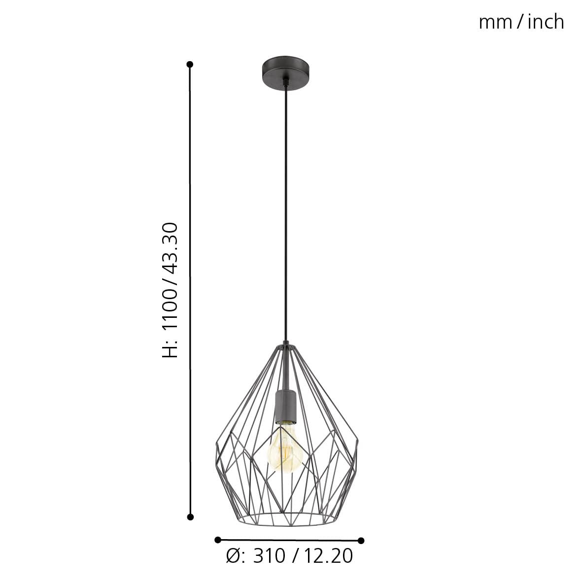 Eglo Carlton Vintage Pendant Light, Retro/Industrial Design Ceiling Lamp, Black Steel Hanging Lighting, E27 Socket