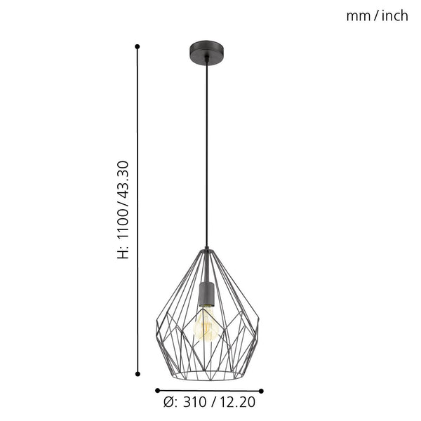 Eglo Carlton Vintage Pendant Light, Retro/Industrial Design Ceiling Lamp, Black Steel Hanging Lighting, E27 Socket