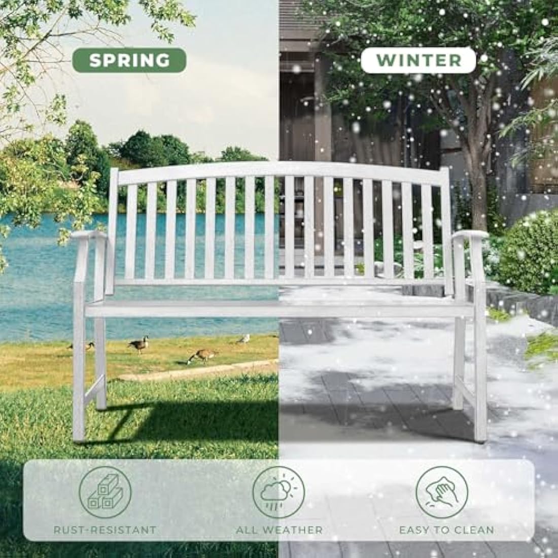 Grand patio Garden Bench, Outdoor Bench with Anti-Rust Steel Metal Frame, Stamped Pattern, Choice of Colours, Suitable for Indoor, Outdoor, Patio, Park (Farmhouse, White)