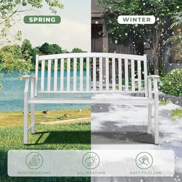 Grand patio Garden Bench, Outdoor Bench with Anti-Rust Steel Metal Frame, Stamped Pattern, Choice of Colours, Suitable for Indoor, Outdoor, Patio, Park (Farmhouse, White)