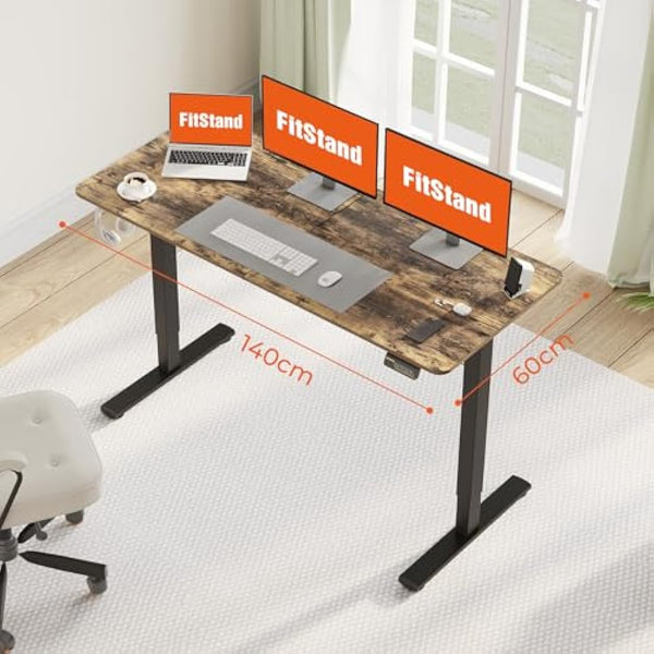 FitStand FQ1 140x60cm Electric Height Adjustable Standing Desk, Sit Stand Desk, Computer Desk With Hooks, Child Lock, Memory Function, Suitable For Office And Home - Rustic Brown
