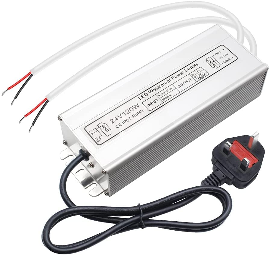 inShareplus LED Power Supply, 24V 120W IP67 Waterproof Outdoor Driver, AC 80-265V to DC 24V 5A Low Voltage Transformer, Adapter with 3-Prong Plug for