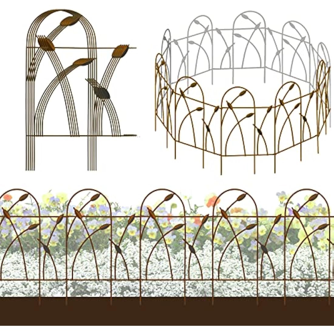 Thealyn Metal Decorative Garden Fence Panels, 82cm.H x 50cm.W (10 Panels, Total Length 4.9m) No Dig Fence Rustproof Wrought Iron Landscape Fencing for Flower Bed, Trees, Animal Barrier, Bronze