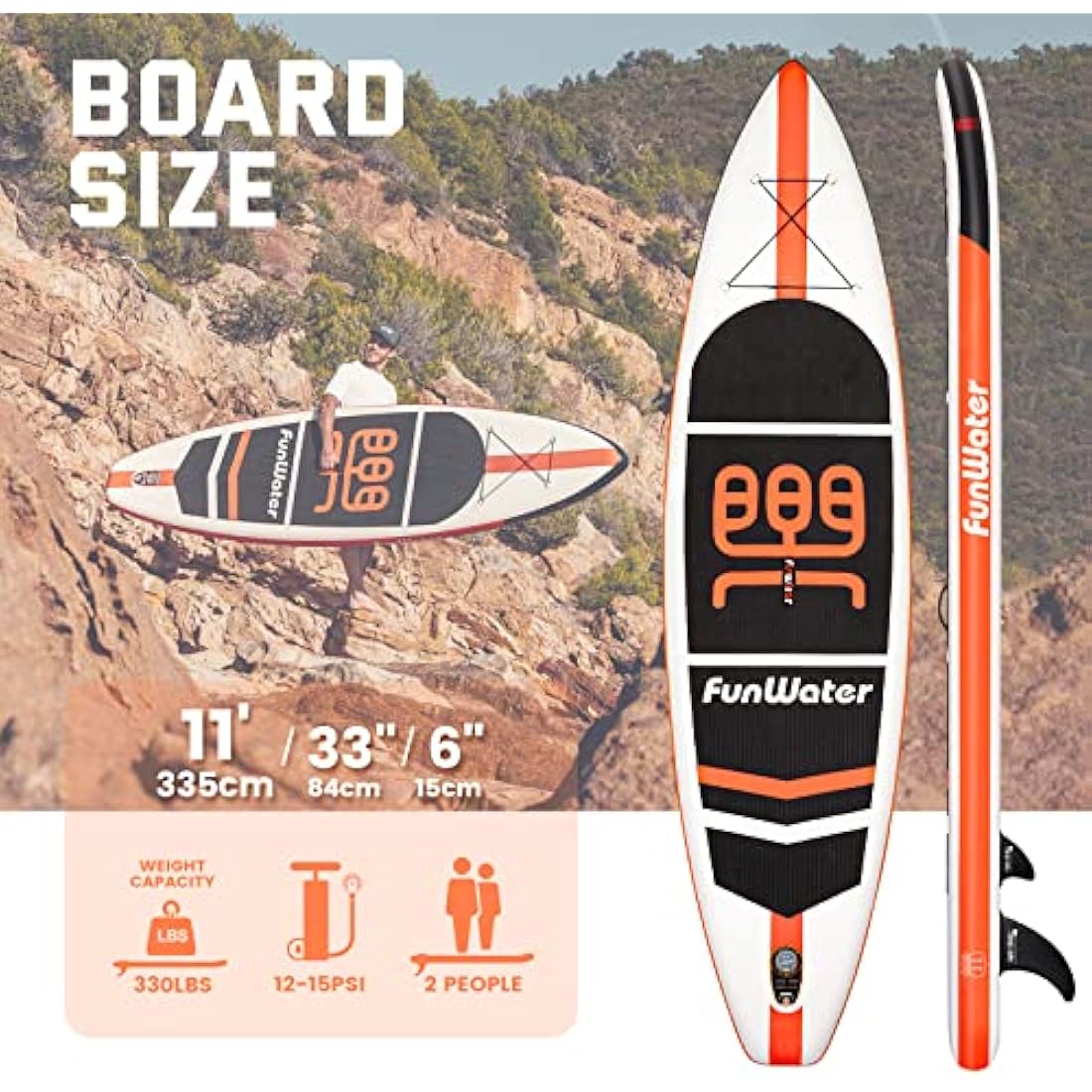 FunWater SUP Inflatable Stand Up Paddle Board Ultra-Light with Inflatable Board,ISUP Accessories,Three Fins,Adjustable Paddle, Pump,Backpack, Leash.