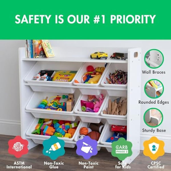 Humble Crew Cambridge Large Wooden Toy Shelf Storage Organiser for Children, with 9 BPA Free Plastic Removeable Storage Bins, Ideal for Storing Toys, Games, Books and Craft Supplies - White