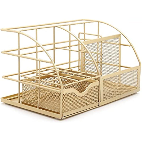 EXERZ Desk Organiser/Mesh Desk Tidy Caddy/Pencil Holder Multifunctional with 7 Compartments - Gold