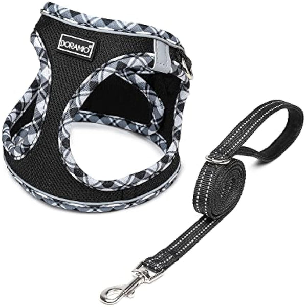 DORAMIO Step-in Dog Harness and Leash Set, Soft Mesh No-Chock Reflective Breathable Easy Walk Lightweight Vest Harnesses with Safety Buckle for Small Dogs, Cats, Puppies (Black White, XL)