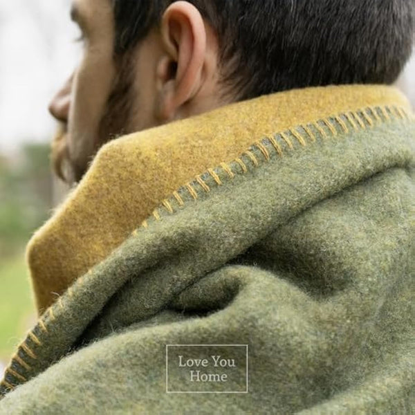 LYHome Travel Blanket - Extra Warm Picnic Throw, Bed Camping Outdoor Wool Blankets, Cozy Soft Throws, Military Army and Garden Outside Use (51x67 in | 130x170 cm | Olive Green - Mustard Double-sided)