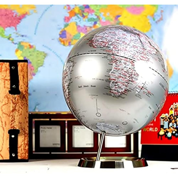 Exerz 25cm World Globe- Stainless Steel Ring Standing, Packaging in premier Kraft Box, Perfect for Gifting - Metallic Silver Colour