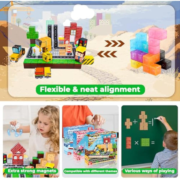 Annexfun Magnetic Blocks-100PCS Magnetic Building Blocks Road with Car STEM Toddler Kids Toys, Stacking Cube Games Tiles Construction Toys for Kids Ages 3+, Christmas Birthday Gifts for Boys & Girls