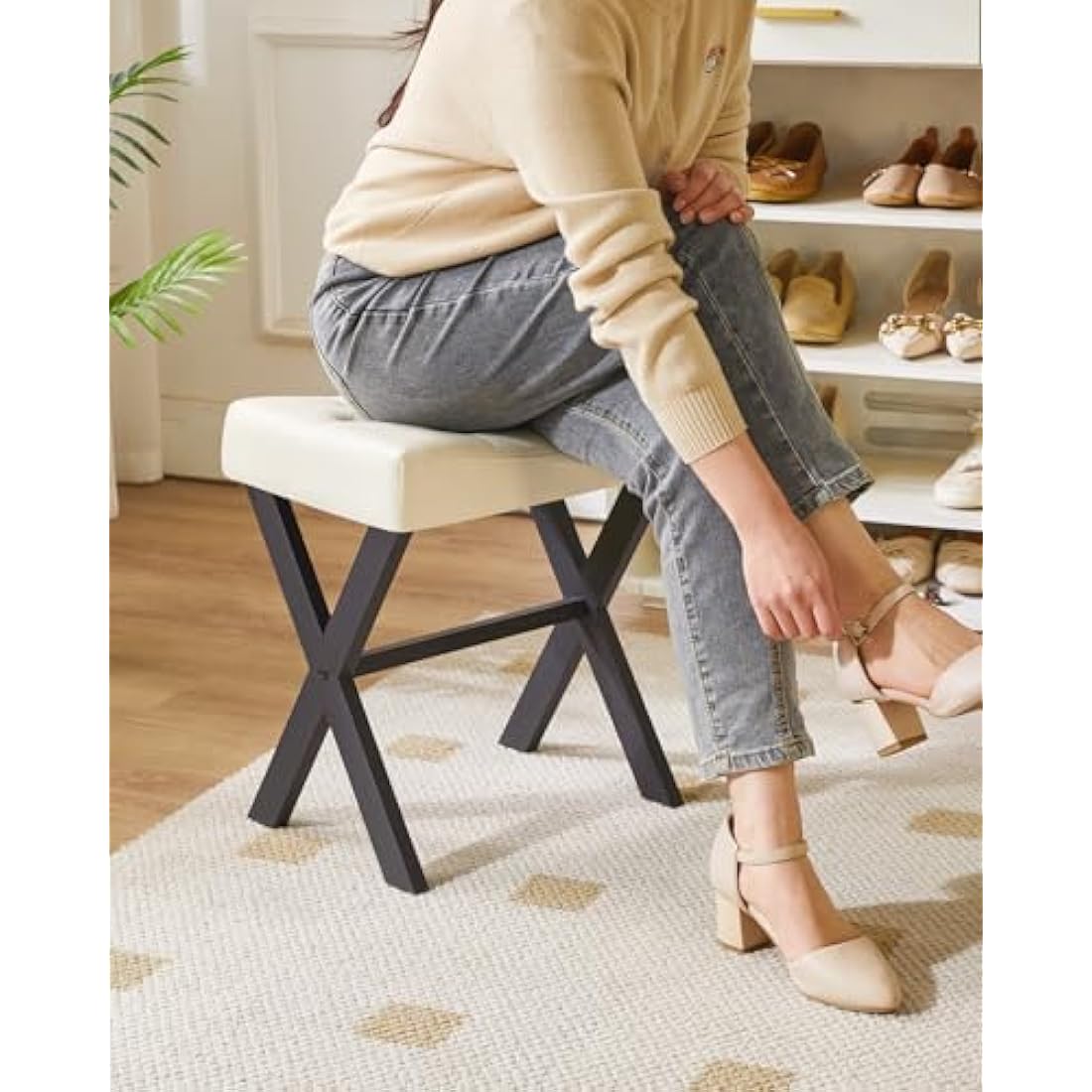 IBUYKE U-shaped PU Vanity Stool, Square Makeup Stool with X-Leg, Ottoman Seat Footrest Stool, Multi-Use as Small Side Table, for Bedroom, Living Room, White WBD019W