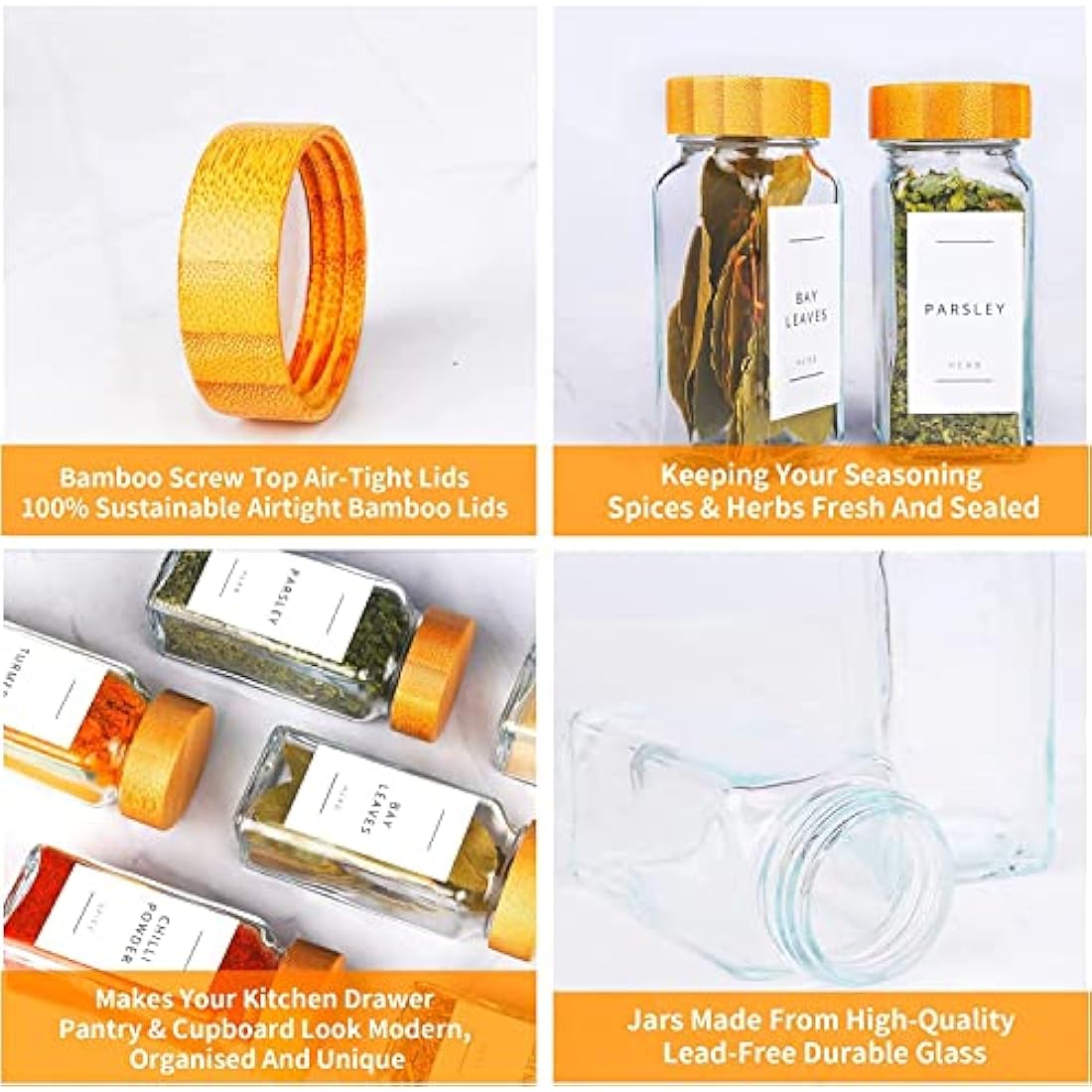 Fix Space 24PCS Bamboo Glass Spice Jars With Lids And Labels - Square Glass Jars With Bamboo Lids - Waterproof Labels Stickers For Herbs, Spices & Seasoning - Kitchen Storage & Organisation