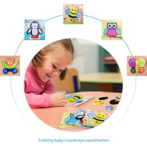 Highttoy Wooden Puzzles for 1 2 3 Year Olds,5 Pcs Jigsaw Puzzles for Toddlers Animal Shape Chunky Blocks Early Eduactional Montessori Wooden Toys for Boys Girls Age 1-3