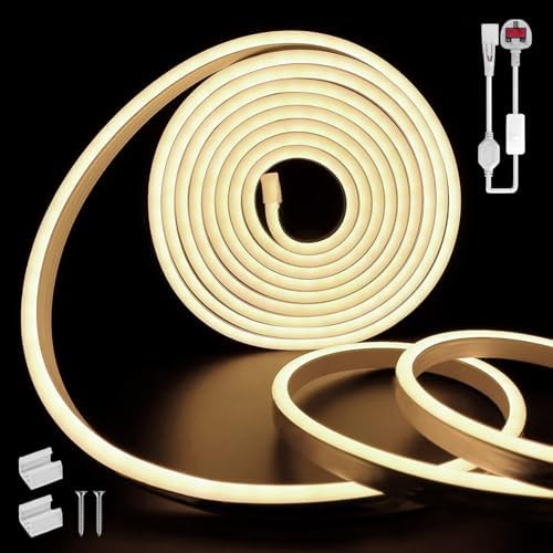 SUCIKORIO Neon Led Strip Light 5m / 16.4ft, Flexible LED Strip Lights 4000K Cuttable Waterproof IP65 Neon Rope Light 220-240V DIY LEDs Lights with UK Plug Power Supply for Bedroom, Indoor&Outdoor