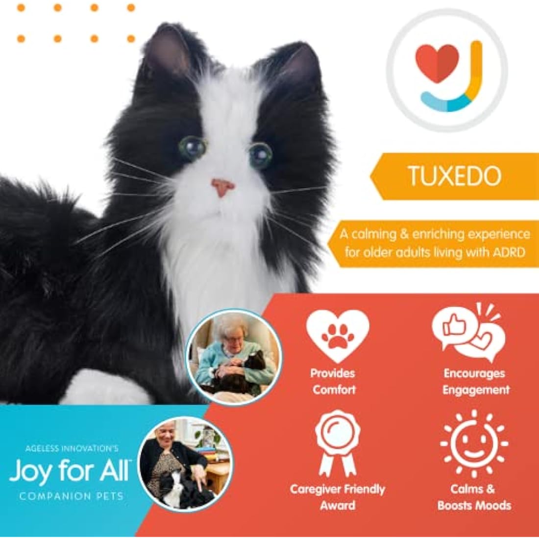 Ageless Innovation Joy For All Interactive Pet Cat - Lifelike & Realistic Companion with Soft Fur and Soothing Purrs, No Assembly Required - Black & White Tuxedo
