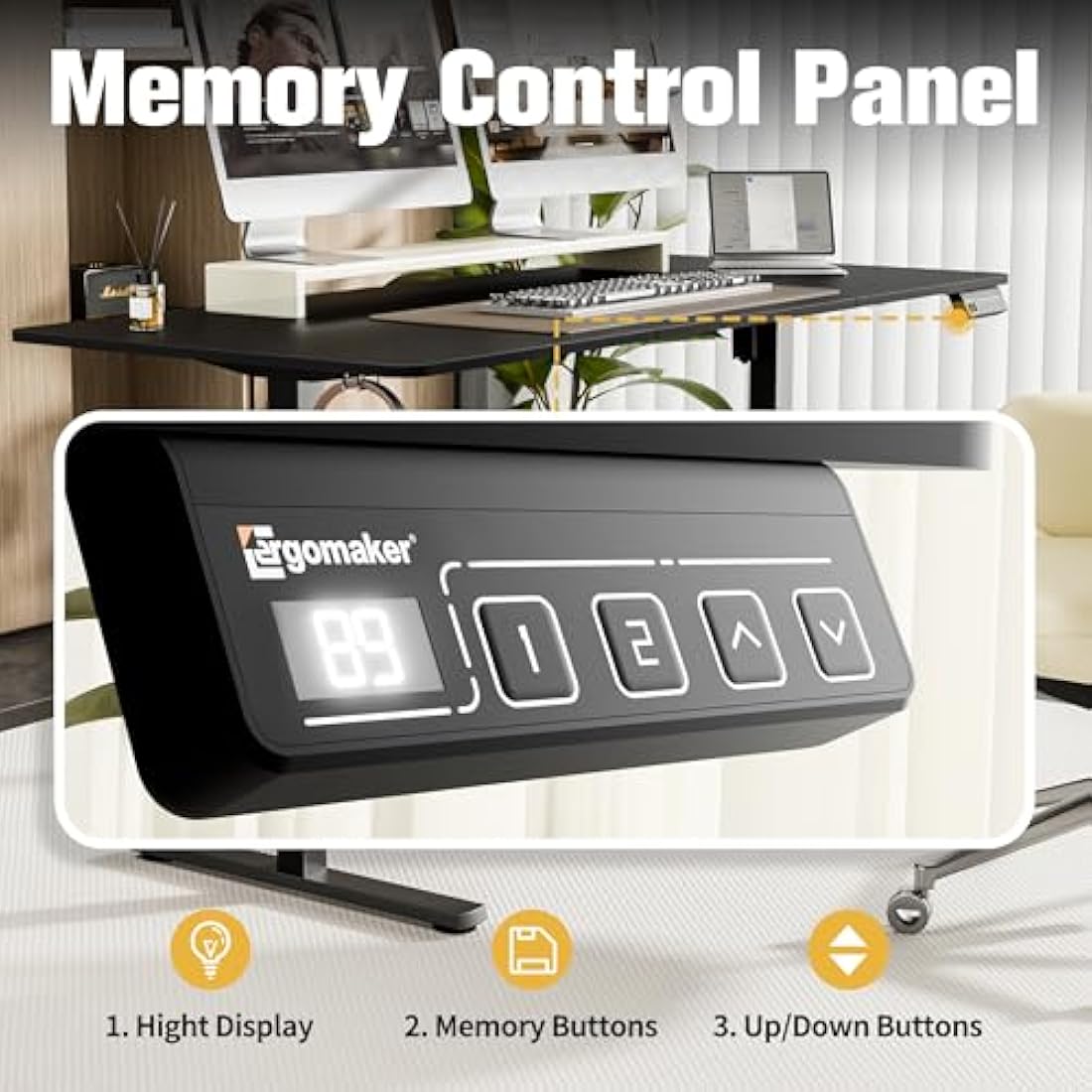 ERGOMAKER Electric Standing Desk 160x70cm, Height Adjustable Stand Up Desk with Hooks and Memory Smart Handset for Home Office, Black