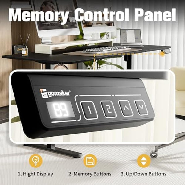 ERGOMAKER Electric Standing Desk 160x70cm, Height Adjustable Stand Up Desk with Hooks and Memory Smart Handset for Home Office, Black