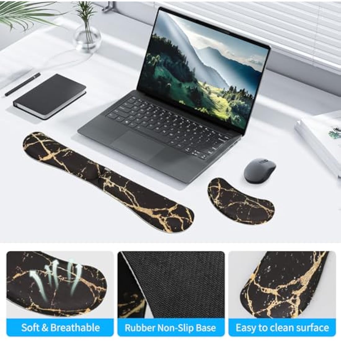 ZIBLY Wrist Rest Keyboard and Mouse Set - Non Slip Ergonomic Wrist Cushion Support Pad - Easy Typing,Pain Relief – Premium Silky Gel Memory Foam for Work from Home Gaming Computer Laptop