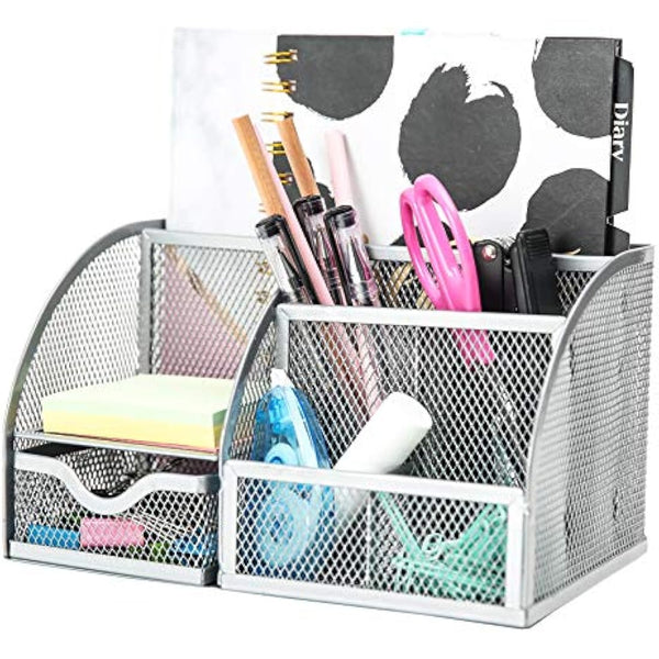 EXERZ Desk Organiser/Mesh Desk Tidy Caddy/Pen Holder/Multifunctional Organiser with 7 Compartments - Silver Grey Colour