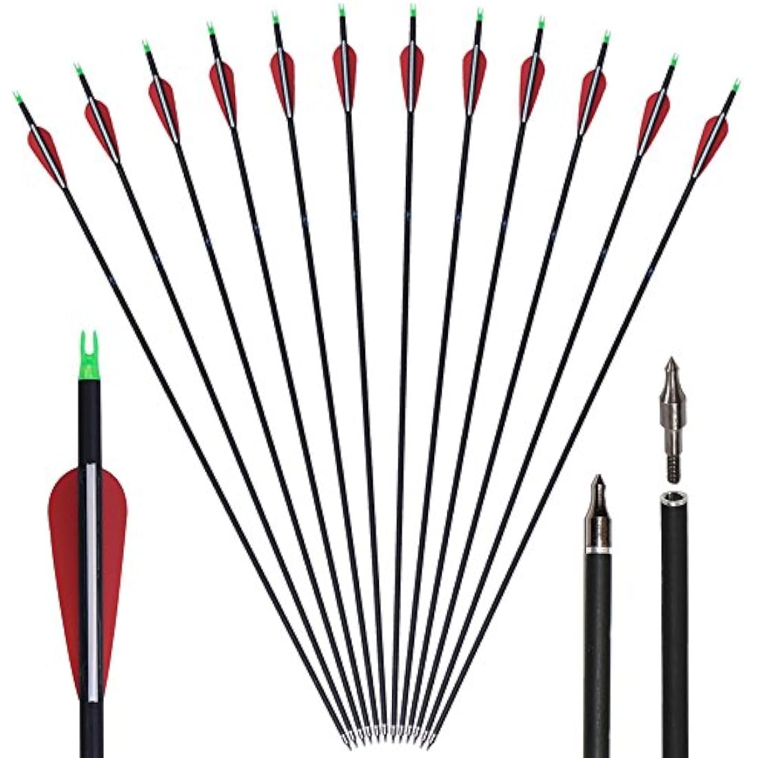Huntingdoor 12Pcs 30 inch Archery Carbon Arrows Spine 550 Hunting Targeting Arrows with Replaceable Broadhead for Recurve Bow Compound Bow Target Practice