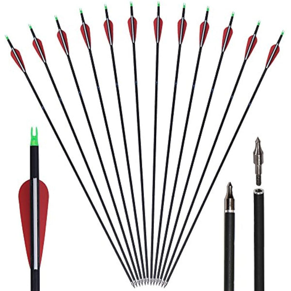 Huntingdoor 12Pcs 30 inch Archery Carbon Arrows Spine 550 Hunting Targeting Arrows with Replaceable Broadhead for Recurve Bow Compound Bow Target Practice