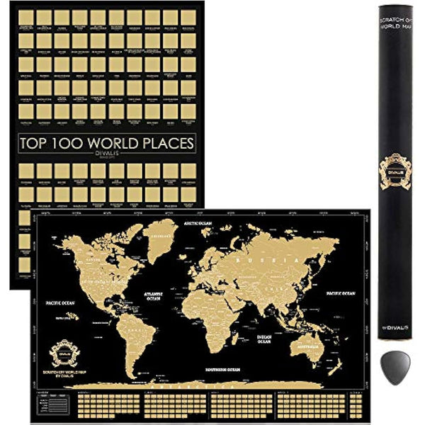 2 in 1 Large Gift Set - Scratch off World Map and Poster Scratch off Top 100 Places to Visit in the World - Best Places I`ve Been Map - Globetrotter Poster of Places Where You've Been - Bundle of Two
