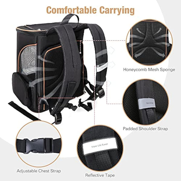 Lekesky Expandable Cat Carrier Backpack - Portable Breathable Rucksack for Medium and Small Cats & Dogs, Foldable with Inner Escape-proof Leash and Pet Mat, Supports 20 lbs (Black)