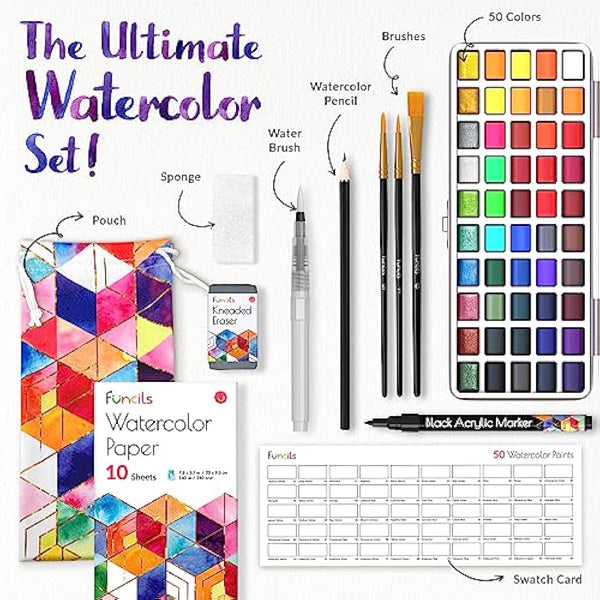 Funcils Watercolour Paint Set - Water Colour Paints Sets for Adults, Beginners | 50 Artist Quality Professional Watercolour Paints - Travel Watercolour Set, Painting Art Supplies, Kids Paint