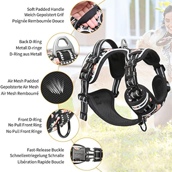 HEELE Dog Harness, No Pull Dog Harness Small, Release on Neck, Front Back Clips Dog Vest Harness Reflective Adjustable Padded Breathable, Easy Control Handle for Walking Training, Floral-Black, XS