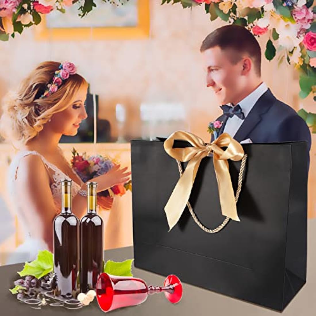 10 Pcs Black Gift Bags with Gold Bow Ribbon, Paper Party Favor Bag with Handles Gift Bags Large for Wedding Graduation Birthday Party Celebration Present Bags, 13x9.8x4.3 Inches