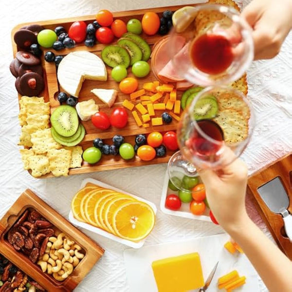 hecef Acacia Wood Cheese Board Set, Cheese Platter with 2 Slide-Out Drawers& Cutlery Set& Snack Plates& Marble Cheese Slate, Charcuterie Board for Serving Housewarming Gifts (White)