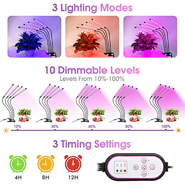 wolezek Grow Lights for Indoor Plants, 80 LEDs 4 Heads Full Spectrum Red & Blue Plant Light with Clip, Grow Lamp with 10 Dimming Level, 4/8/12H Auto Timer, 3 Switch Modes for Seedlings and Succulents
