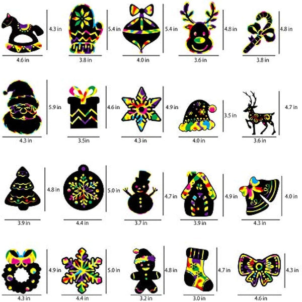 LOKIPA Christmas Scratch Paper Art Ornaments,80 Rainbow Magic Scratch Off Paper Cards with Drawing Sticks&Ribbon for Christmas Decoration