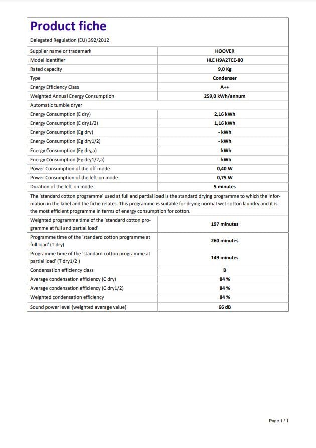 Hoover H-DRY 500 Heat Pump Tumble Dryer, 9 Kg, Class A++, Wi-Fi + Bluetooth, Four Drying Levels, Eco-Power Inverter Motor, Advanced Care, White, 59.6x60.4x85 cm - NDE H9A2TCE-80