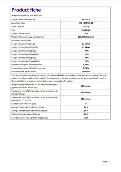 Hoover H-DRY 500 Heat Pump Tumble Dryer, 9 Kg, Class A++, Wi-Fi + Bluetooth, Four Drying Levels, Eco-Power Inverter Motor, Advanced Care, White, 59.6x60.4x85 cm - NDE H9A2TCE-80