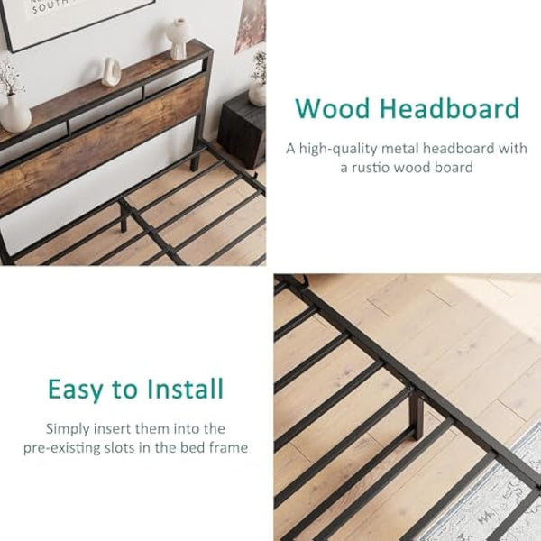 JELUTE Double Bed Frame with Wooden Storage Shelf Headboard, Metal Platform Bed Frame, No Box Spring Needed, Noise Free, Reinforced Strong Support Leg, Black