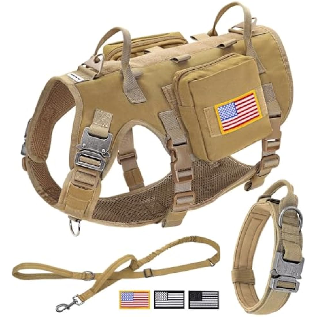 Forestpaw Tactical Dog Vest Harness & Military Dog Collar w/ Bungee Leash Set - No Pull Control - Backpack - Coyote Brown M/L